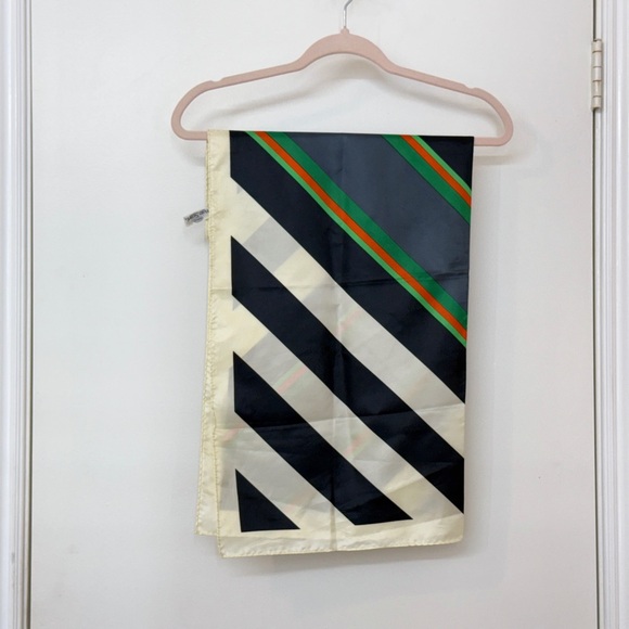 Vintage, Made In Japan, Green & Black Striped Square Scarf, Hand Rolled Edge - Picture 1 of 7